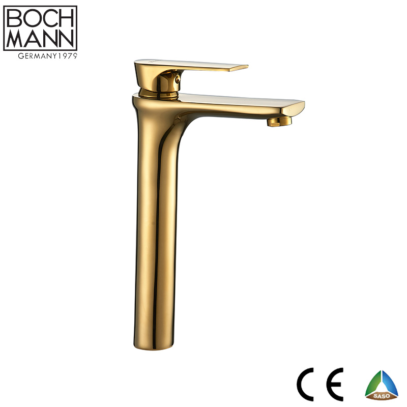 Wide Spout Brass Material golden color High Water Bathroom Basin Faucet Featured Image