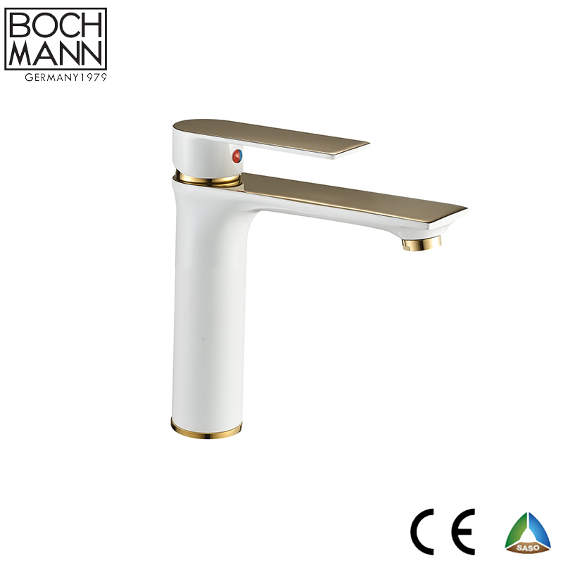Distributor Golden and White Color Brass Material Long Top Counter Bathroom Water Mixer Featured Image