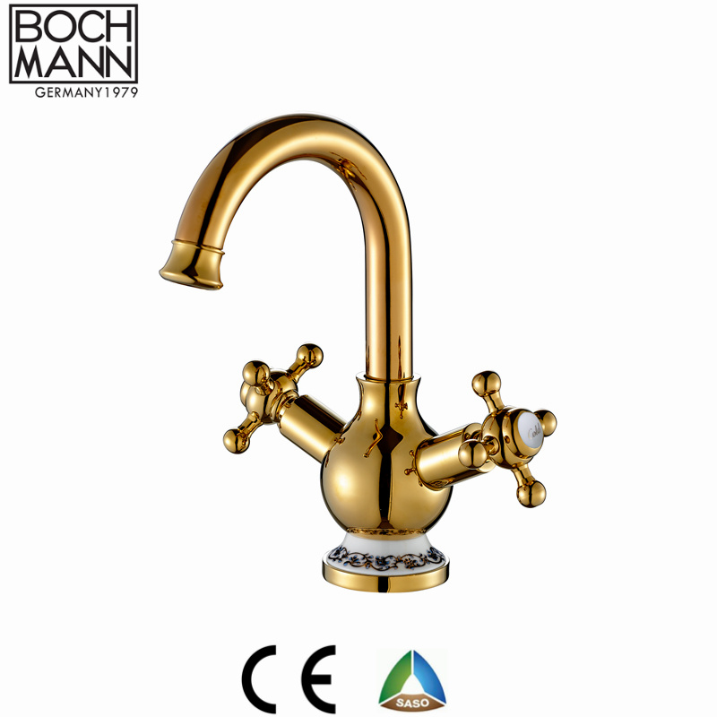 Luxury Golden Color Full Brass Dual Handle Kitchen Sink Water Tap