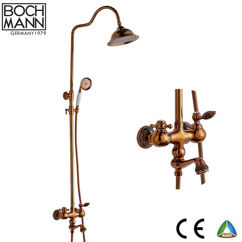 Middle East Gold Brass Body Bathroom Rain Shower Set Tap Faucet with Marble Stone