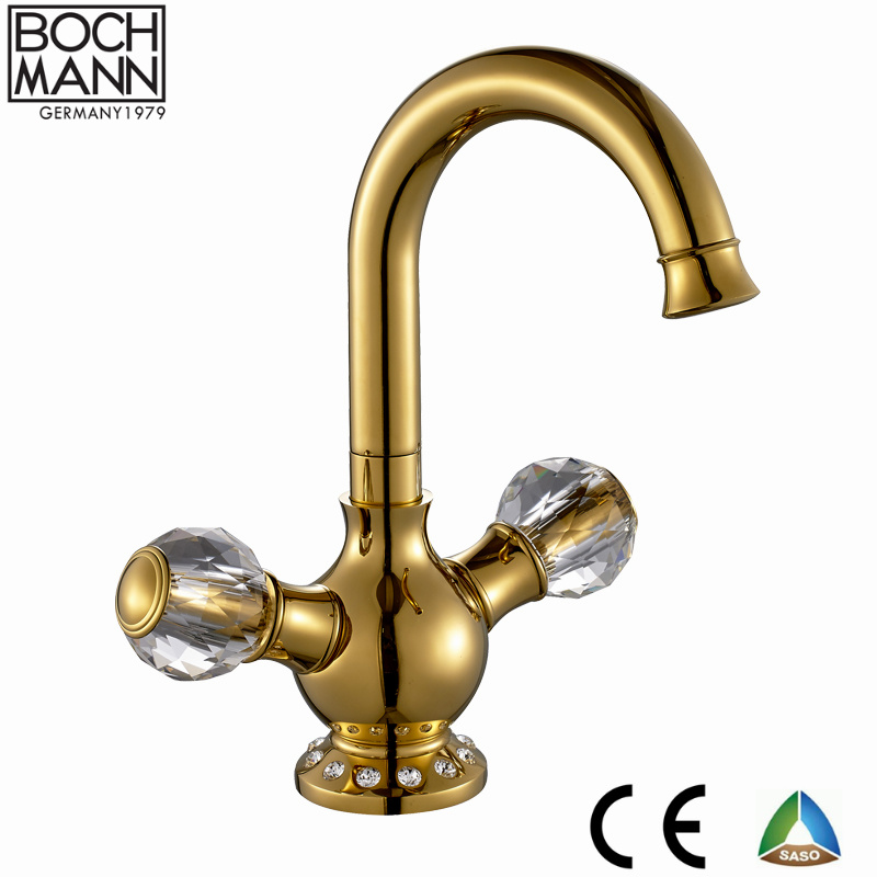 Crystal Double Round Handle Golden Basin Kitchen Water Tap