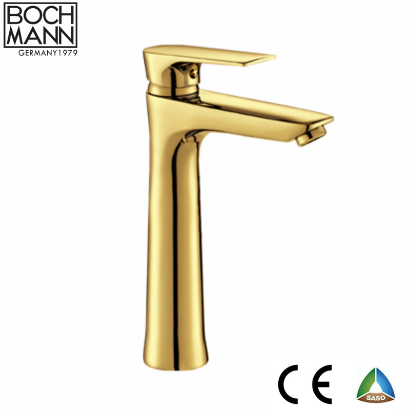 Golden Color Long Bathroom Top Counter Basin Brass Water Taps