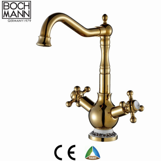 Luxury Golden Color Full Brass Dual Handle Kitchen Sink Water Tap
