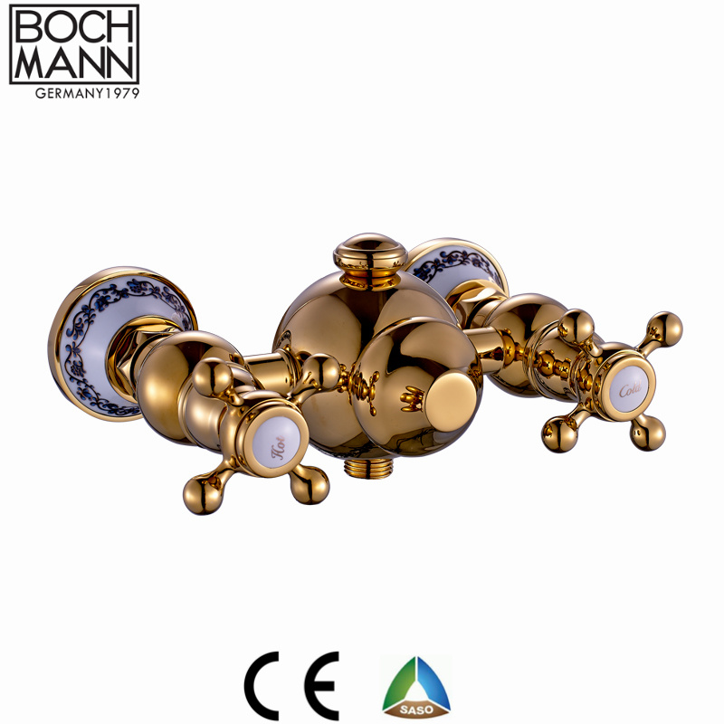 Bochmann Luxury Wall Exposed Gold Color Bath Shower Faucet with Ceramic Decoration