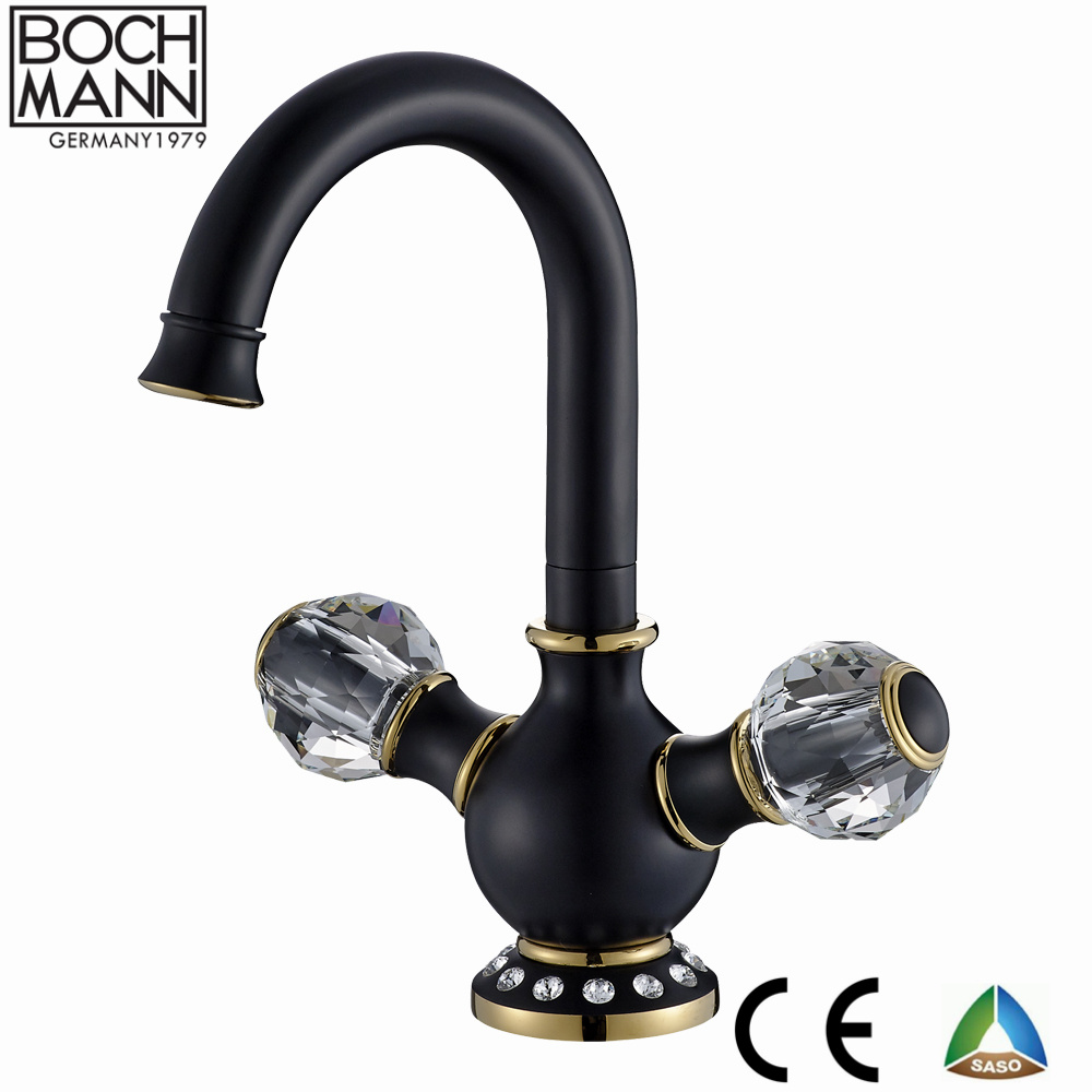 Luxury Bathroom Double Handle Black and Gold High Basin Mixer for Top Counter Basin