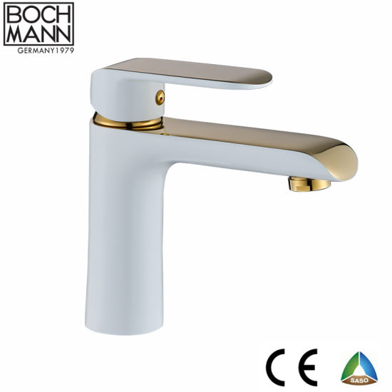 Contemporary Ce Saso Saber Brass Material Gold and White Basin Faucet