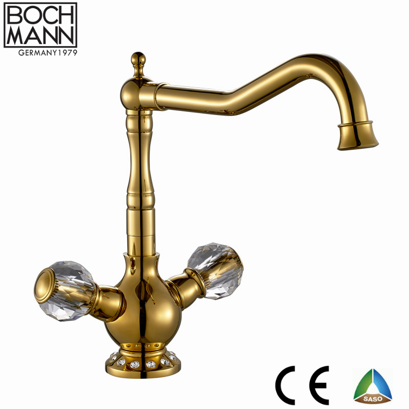 Luxury Dual Handle Brass Black Gold Kitchen Sink Water Tap with Crystal