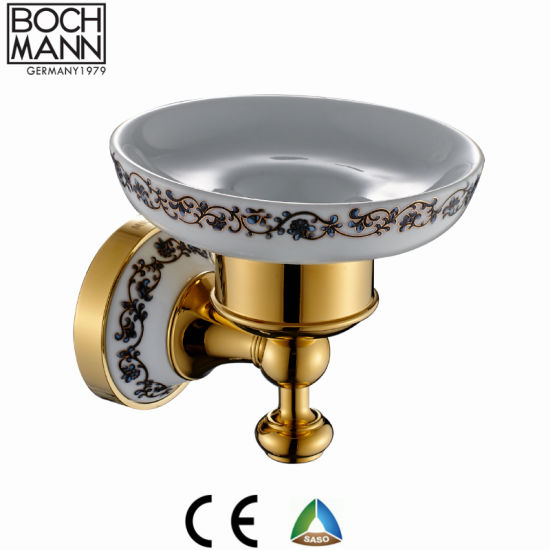Full Brass Material Bathroom Soap Dish Holder with Ceramic Dish