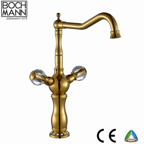 Luxury Dual Handle Brass Black Gold Kitchen Sink Water Tap with Crystal