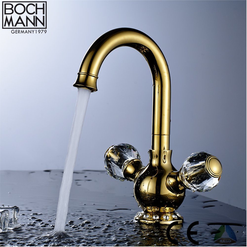 Luxury Bathroom Double Handle Black and Gold High Basin Mixer for Top Counter Basin