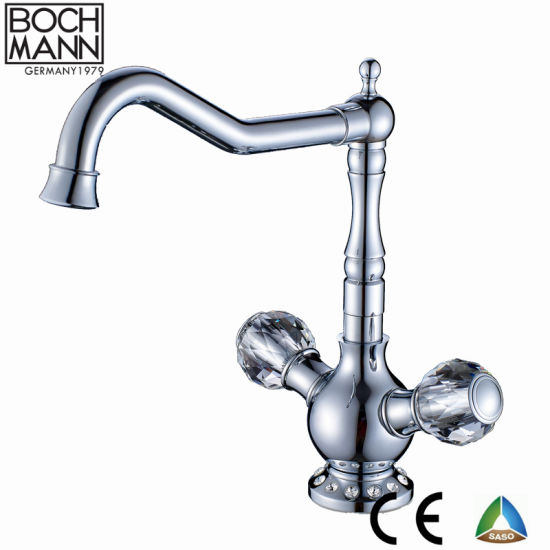Crystal Double Round Handle Golden Basin Kitchen Water Tap