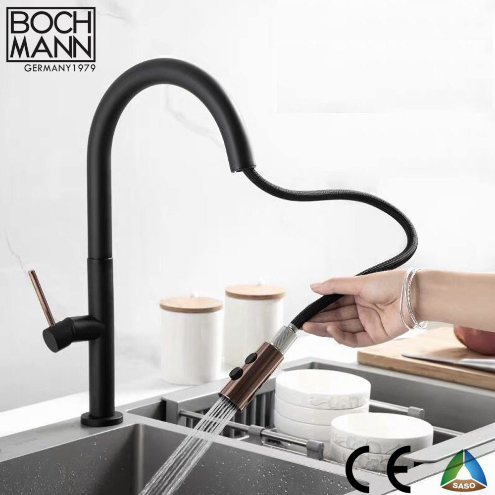 Black Color Brass Slim U Shape Spout Pull out Kitchen Water Tap