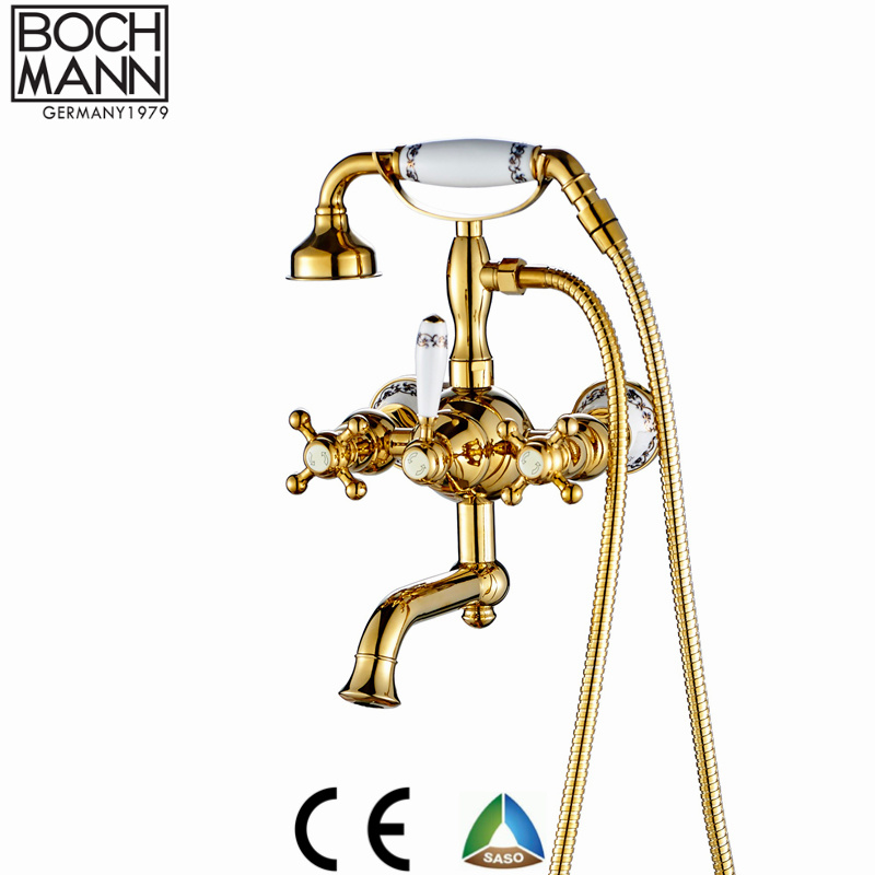 Luxury Chrome Golden Rose Gold Sanitary Ware Double Handle Wall Mounted Bath Faucet