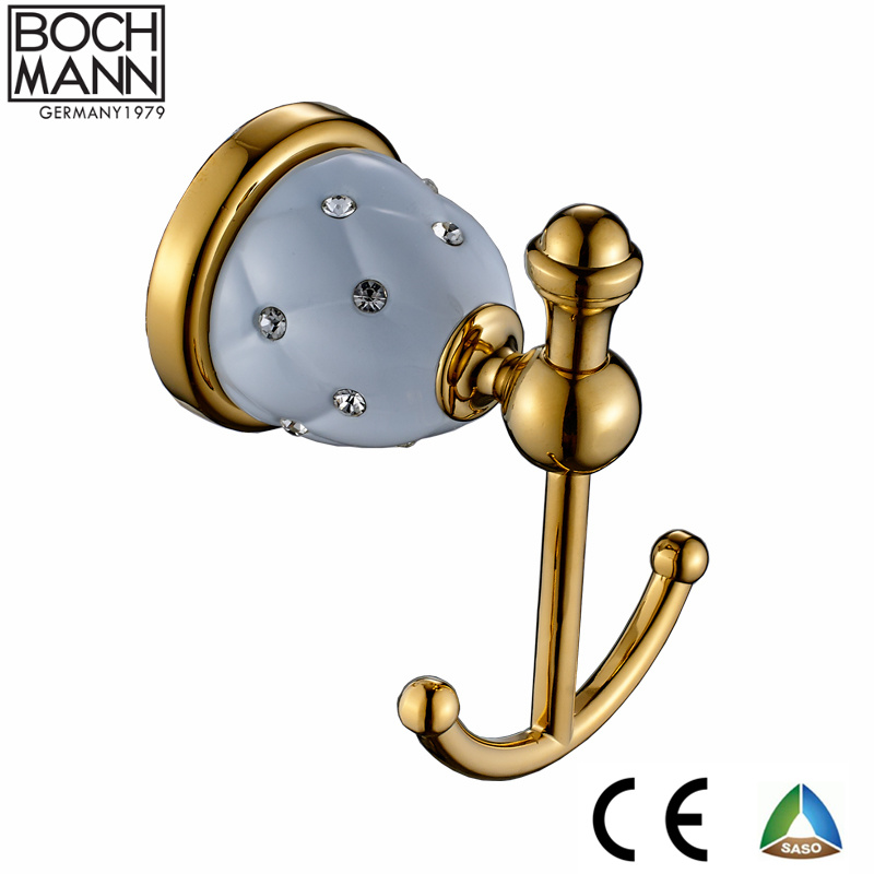 Traditional Luxury Design Gold and White Color Metal Material Robe Hook with Diamond Decoration