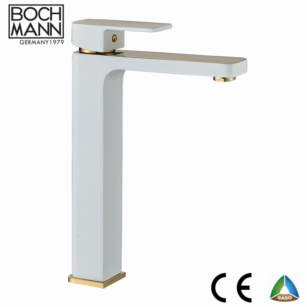 Luxury Classical Square Shape Spout Square Handle White and Golden Color High Basin Faucet