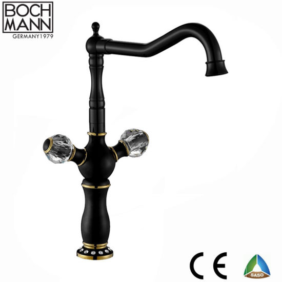 Luxury Dual Handle Brass Black Gold Kitchen Sink Water Tap with Crystal