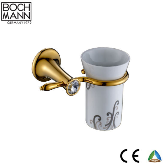 Luxury Bathroom Fittings Golden Color Tumbler Holder with Ceramic Cup