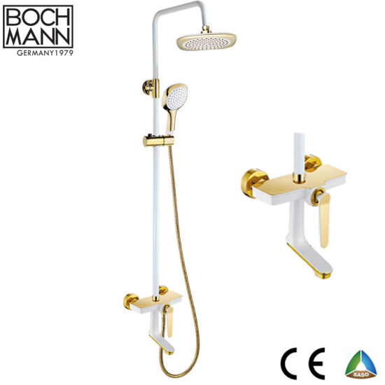 Luxury Gold and White Color Brass Body Bathroom Rain Shower Set Faucet