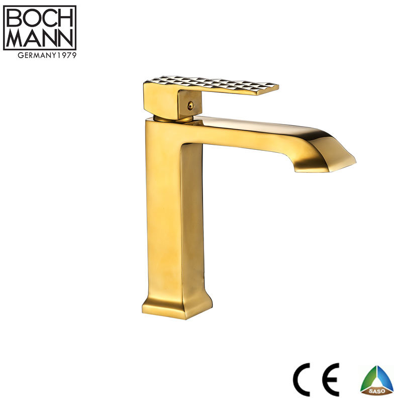 Gold Color Diamond Cutting Design Handle High Basin Water Mixer