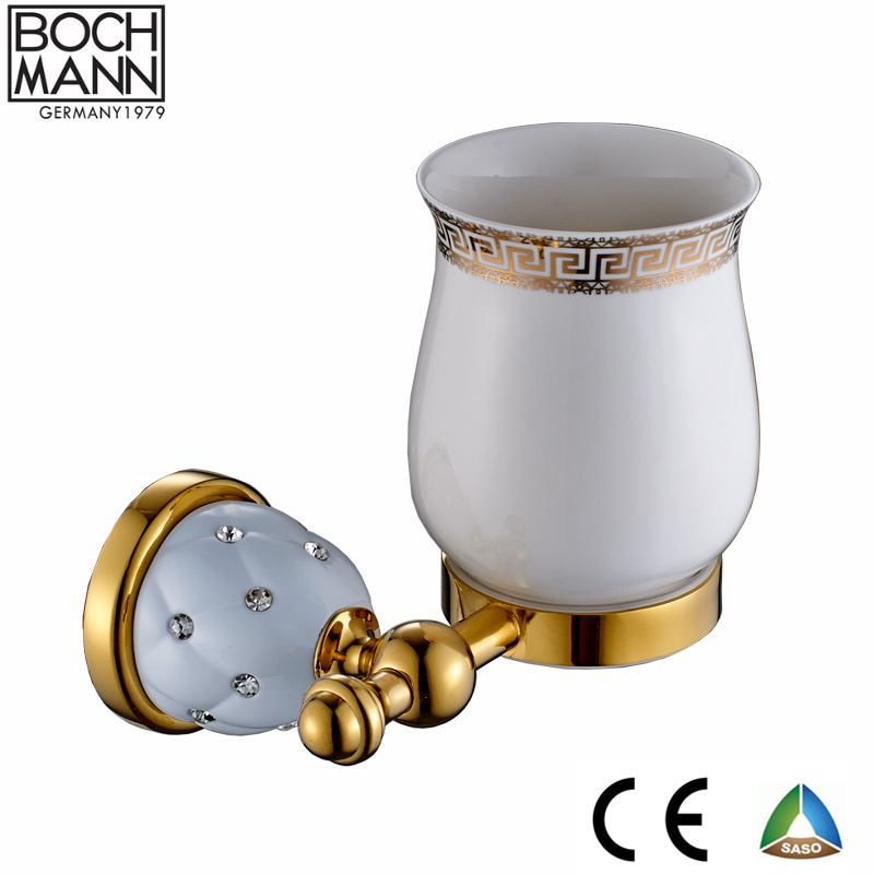 Traditional Golden and White Color Bathroom Single Tumbler Holder with Diamond Decoration